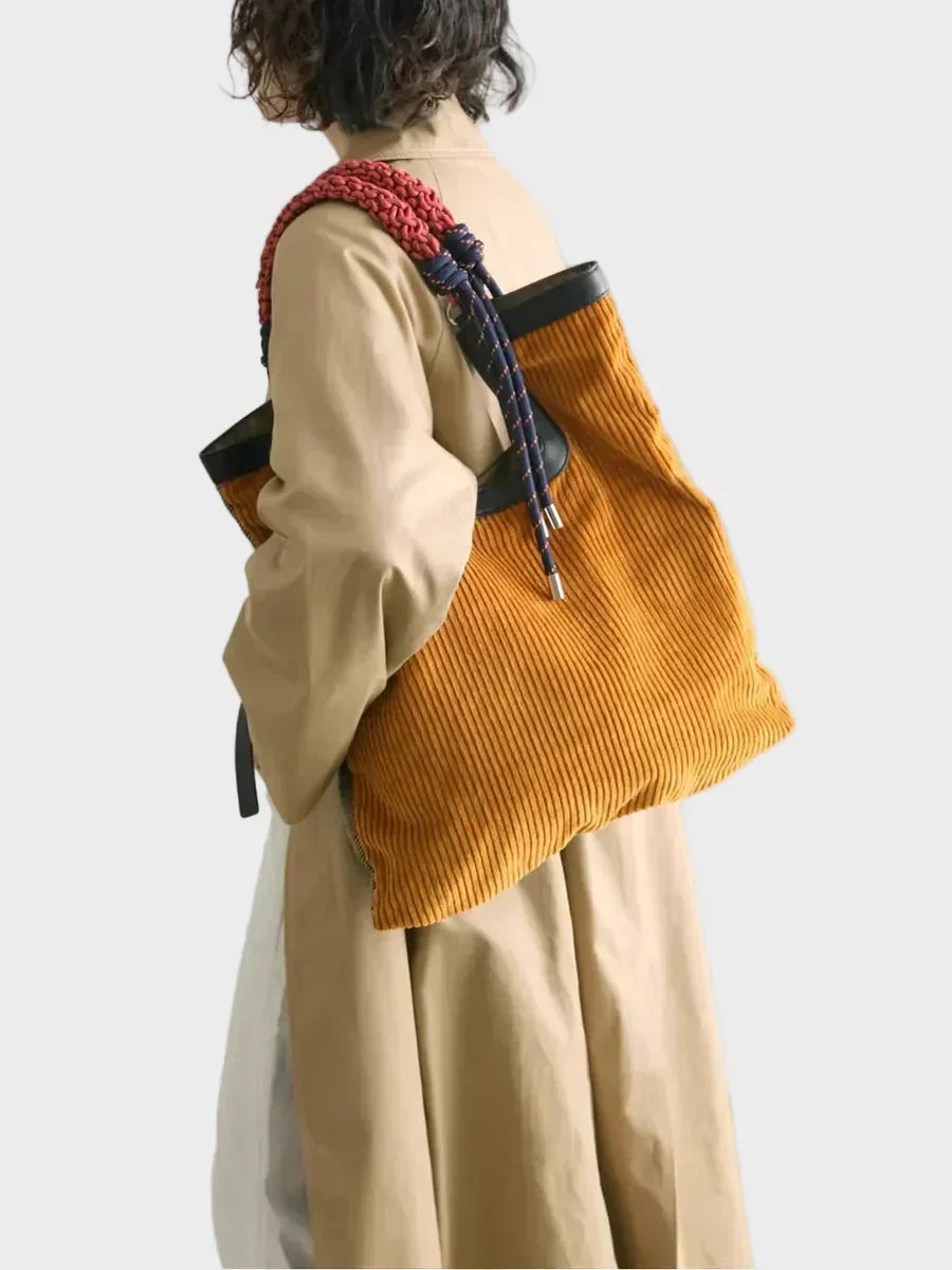Corduroy Braided Rope Handle Leather Trim Oversized Tote Bag