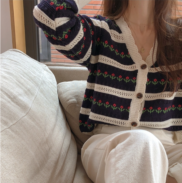 Striped Blossom Textured Button Front Cardigan – view 5