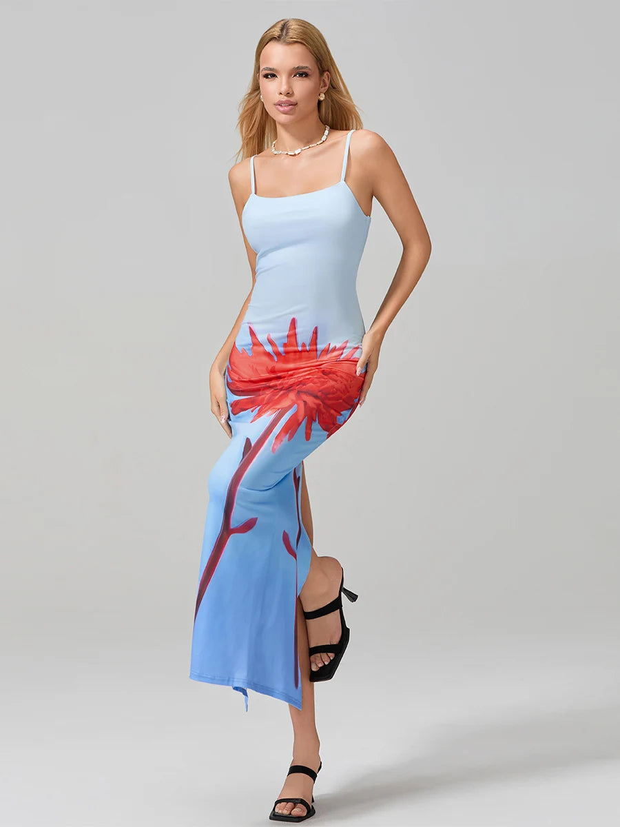 Seductive Spaghetti Straps Bodycon O-neck Wrap Cami Floral Dress
