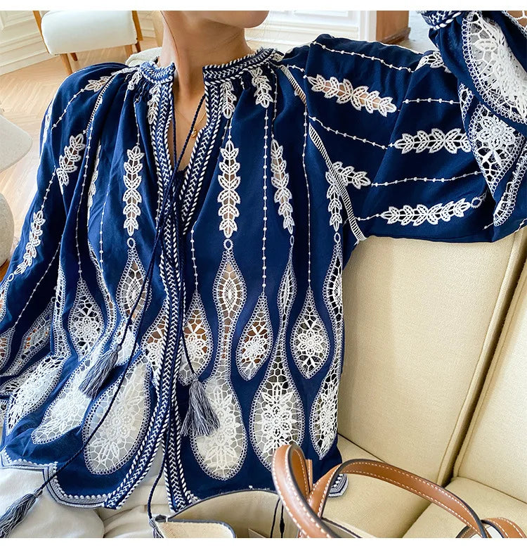 Navy Stitched Lantern Sleeve Ethnic Boho Top