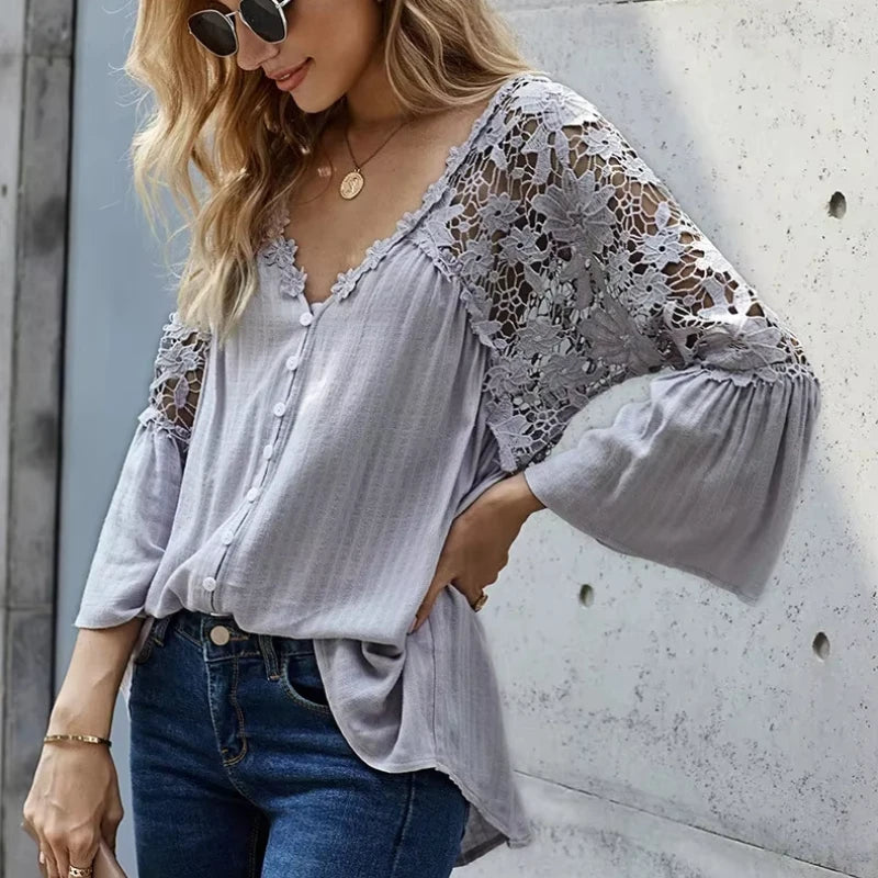 Empty Out Profound Plunge Neck Flare Sleeve Bohemian Blouse