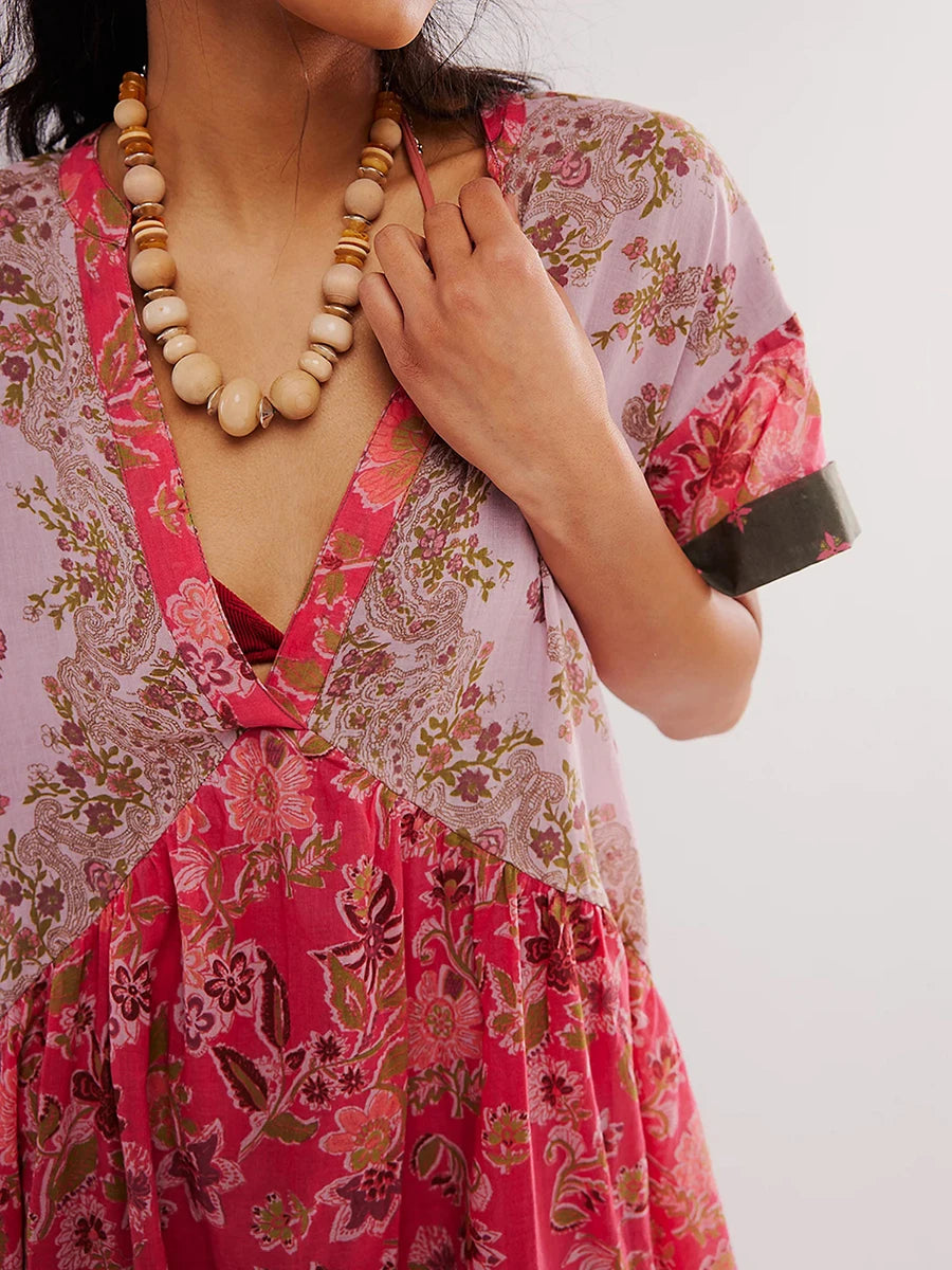 Warm Bohemian Babydoll Flower Pattern V-Neck Dress
