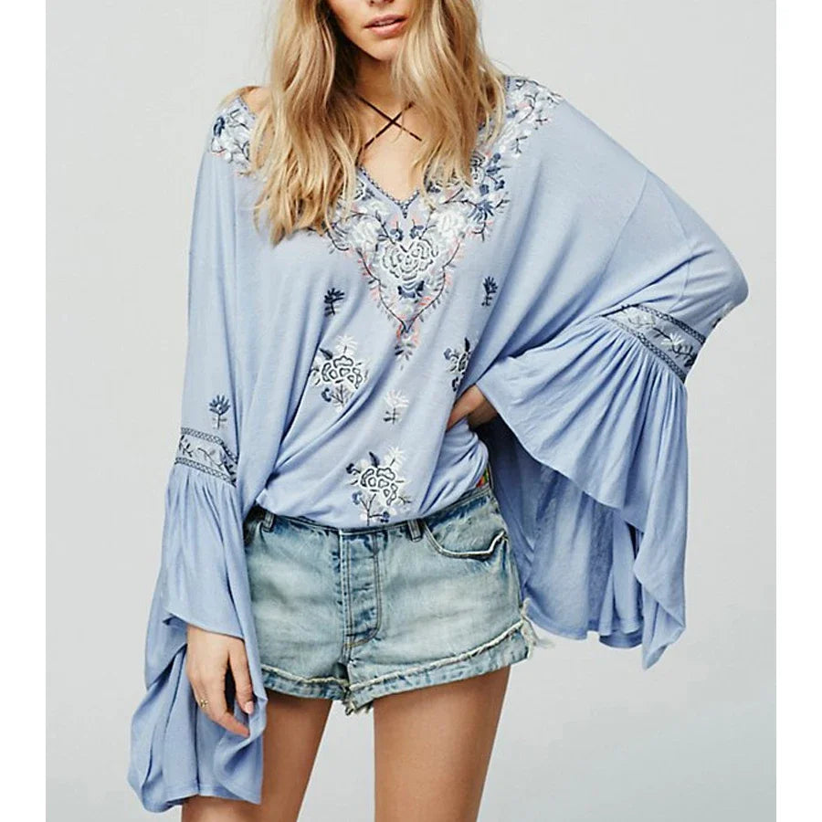Flower Stitched Flare Sleeve V-Neck Informal Bohemian Blouse