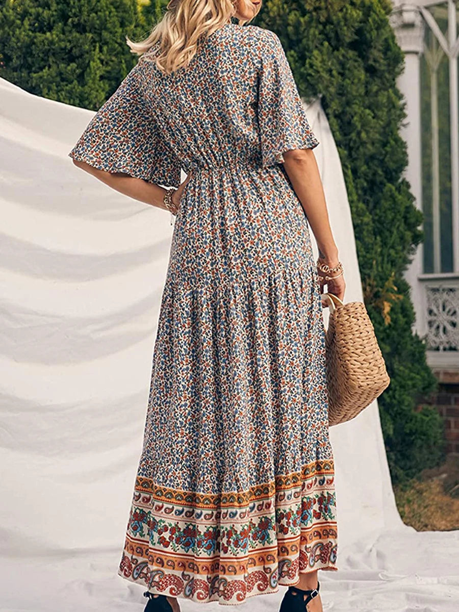 Vintage Flower Pattern V-neck Bohemian Sun Dress – view 2