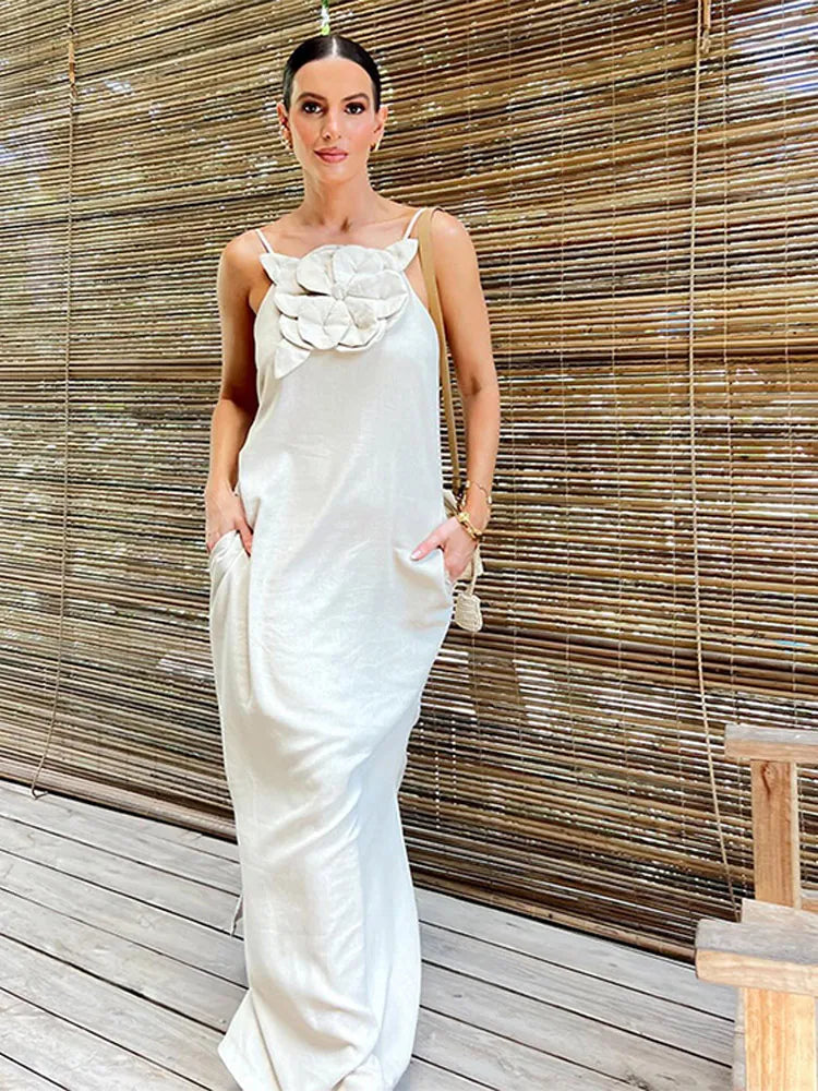 Soft Linen Separated 3D Blossom Plain Sling Maxi Dress