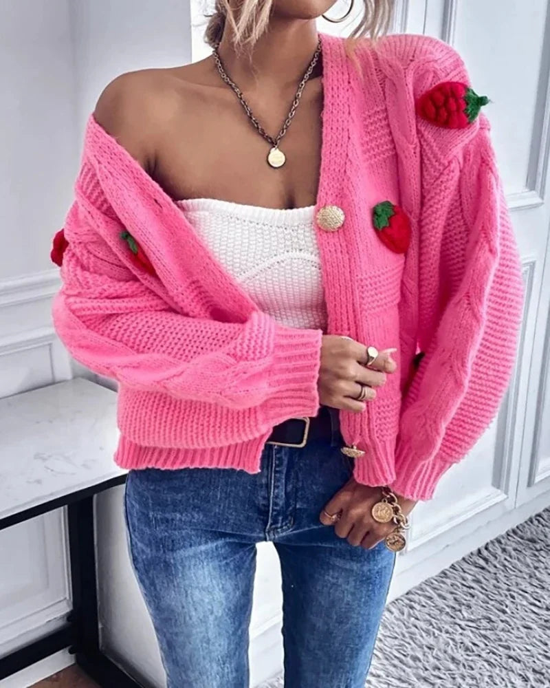 Red Berry Pattern Baggy Knitted Cardigan
