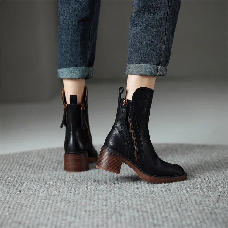Leather Side Zip Block Heel Ankle Boot