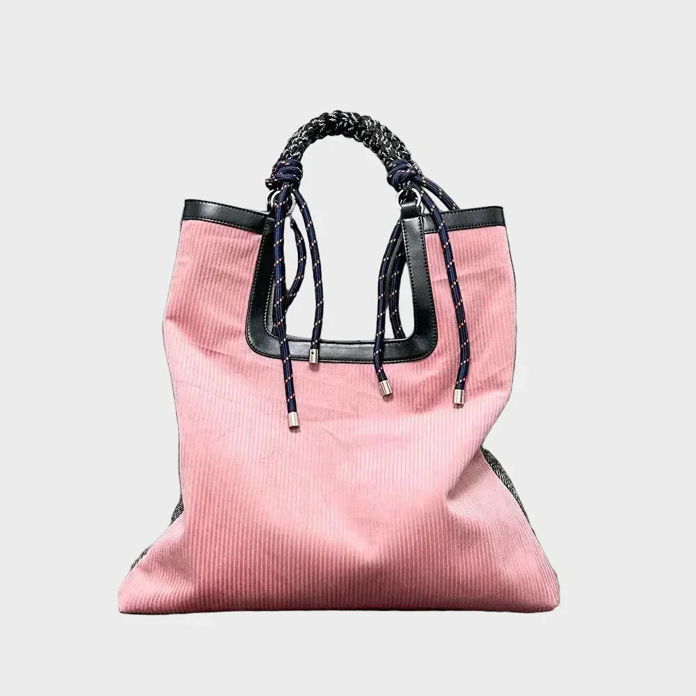 Corduroy Braided Rope Handle Leather Trim Oversized Tote Bag