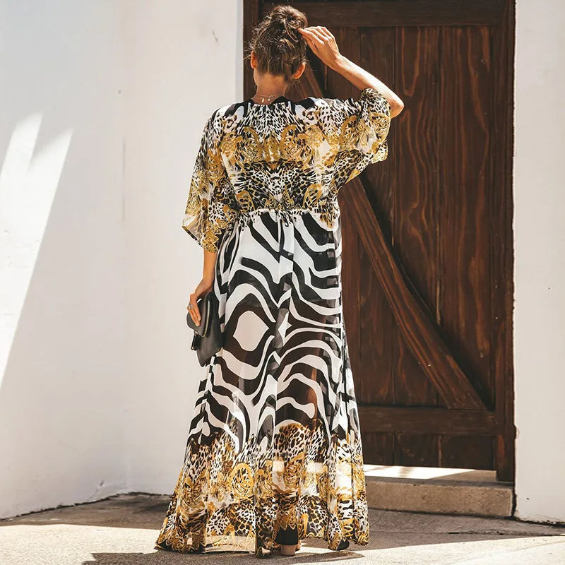 Sheer Cheetah Pattern Kimono Hippie Swimsuit Cover Up