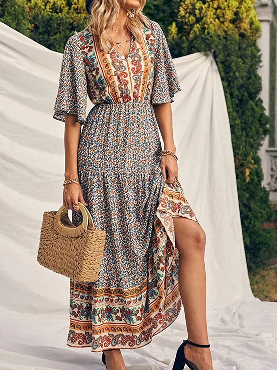 Vintage Flower Pattern V-neck Bohemian Sun Dress