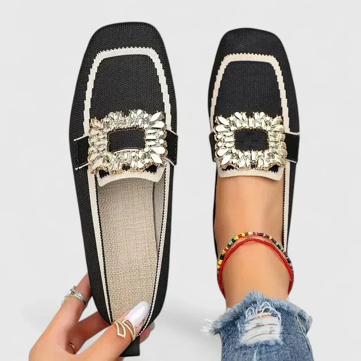 Jewel Buckle Contrast Trim Knit Square Toe Loafer