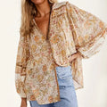 Soft Rayon Flower Patterned Long Sleeve V-Neck Bohemian Top
