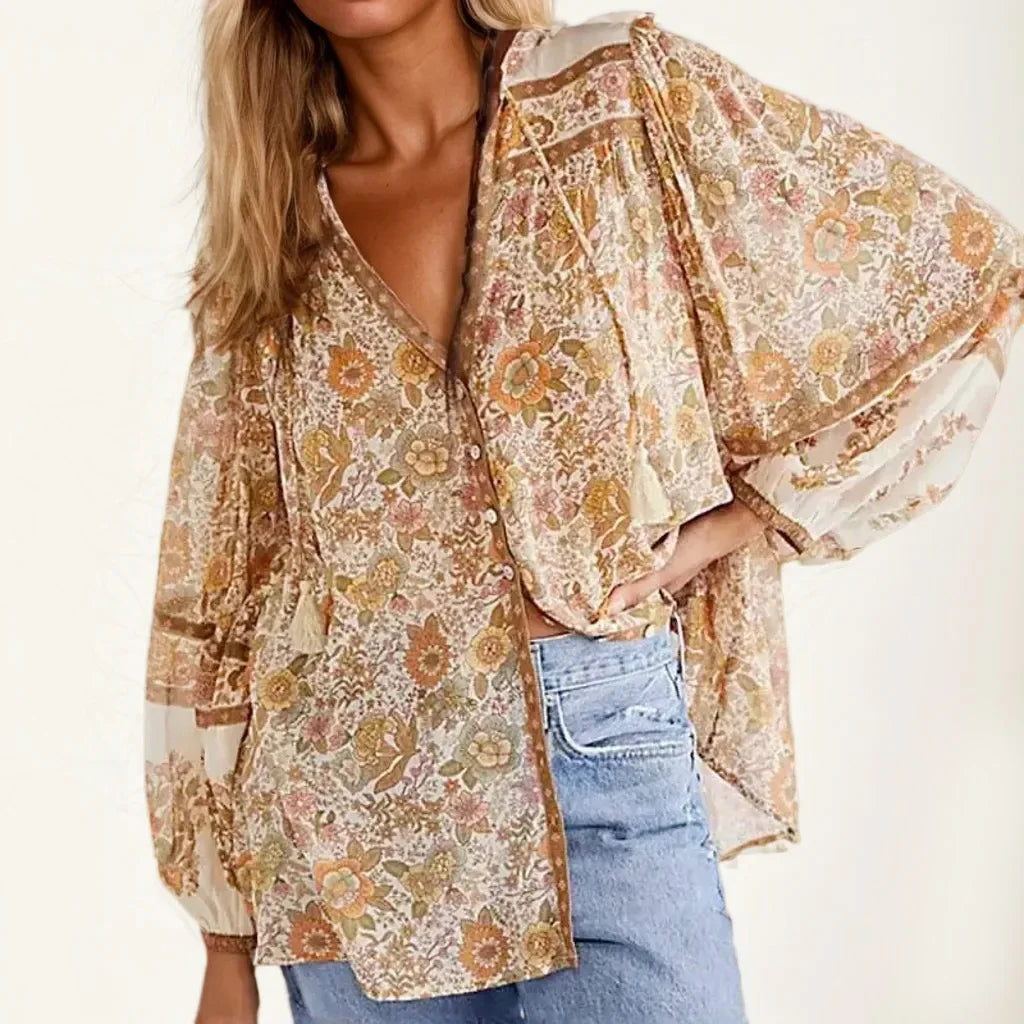 Soft Rayon Flower Patterned Long Sleeve V-Neck Bohemian Top