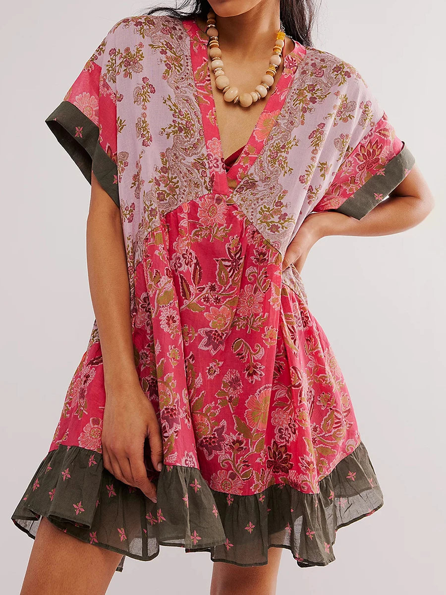 Warm Bohemian Babydoll Flower Pattern V-Neck Dress
