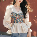 French Waist Tightened V-neck Two-Piece Blouse