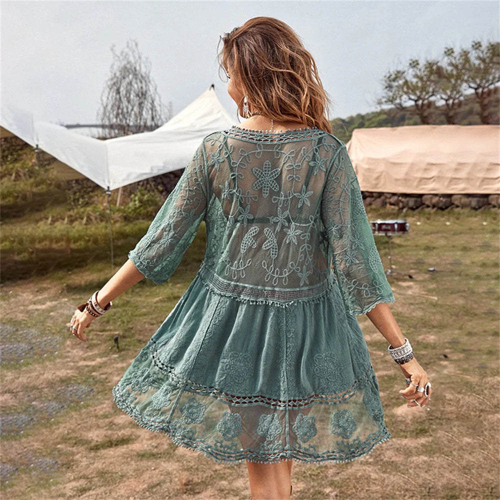 Delicate Deep Plunge Botanical Stitching Bohemian Wrap