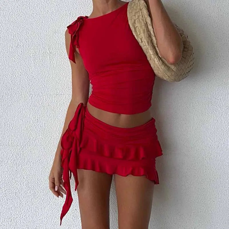 Retro Frilled Edge Tie Up Crop Top + Gathered Tiered Frills Mini Skirt Coquette 2 Piece Set Women Club Party Streetwear Outfits – view 3