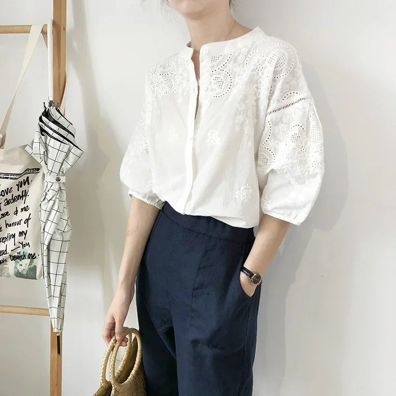 White Cotton Floral Embroidery Vintage Boho Summer Blouse

Modified Title: Ivory Cotton Flower Stitching Retro Bohemian Seasonal Top