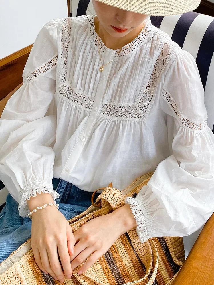 Fabric Flower Stitching Ivory Lace V-Neck Bohemian Top