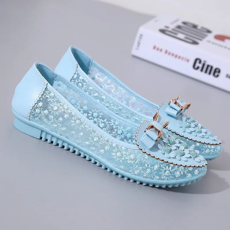 Floral Lace Embroidered Bow Buckle Round Toe Ballet Flat