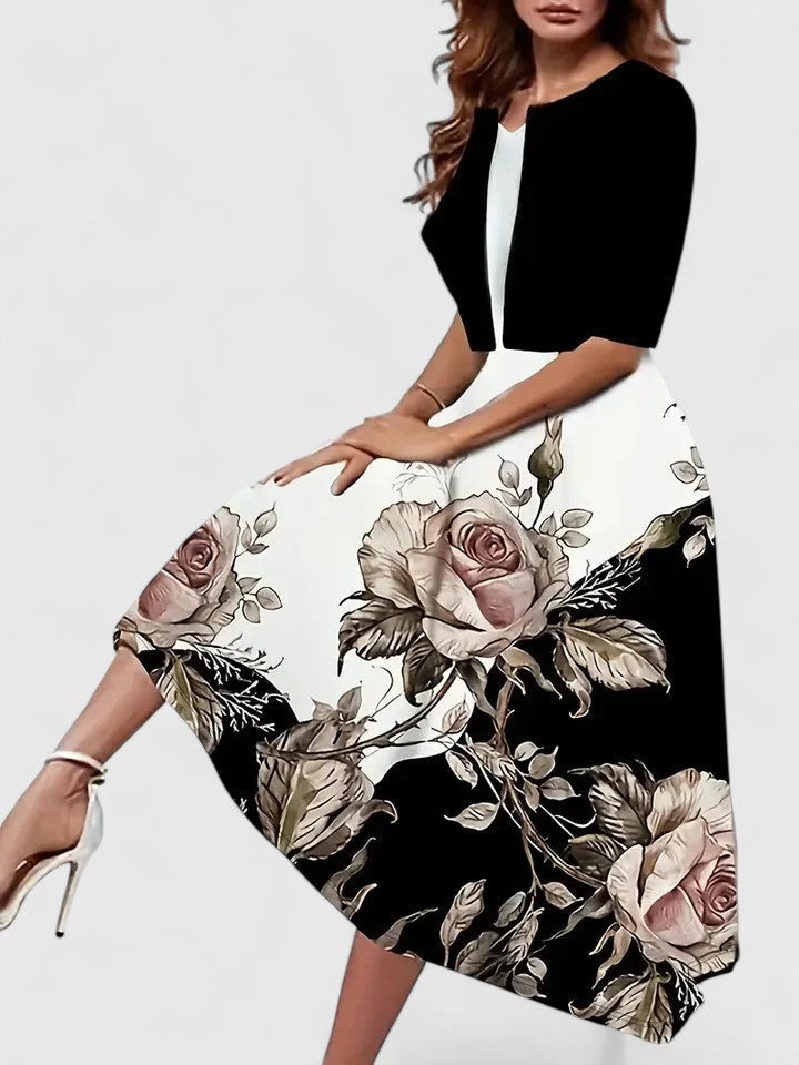 Floral Print Colorblock Notch Neck A Line Midi Dress