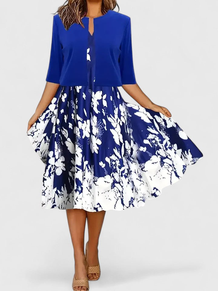 Floral Print Colorblock Notch Neck A Line Midi Dress