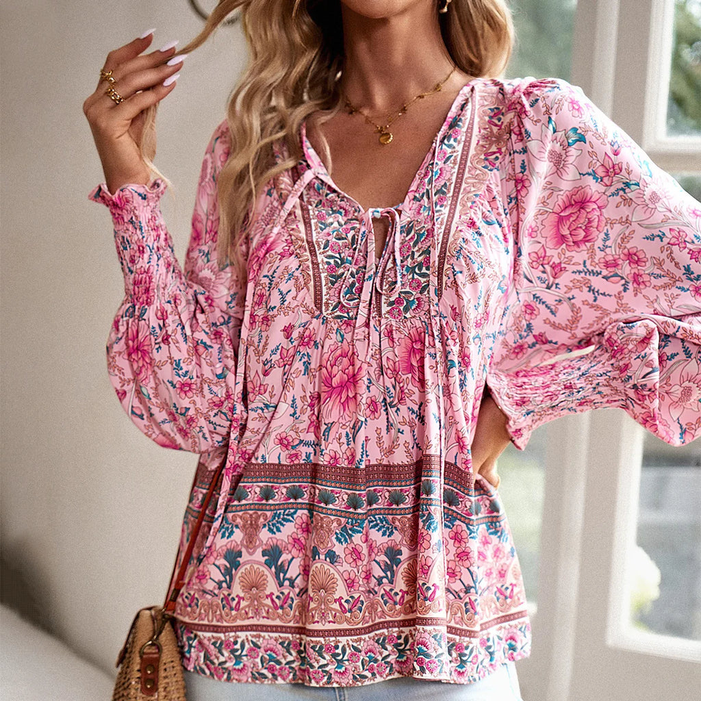 Informal V-Neck Flower Pattern Extended Sleeve Boho Top