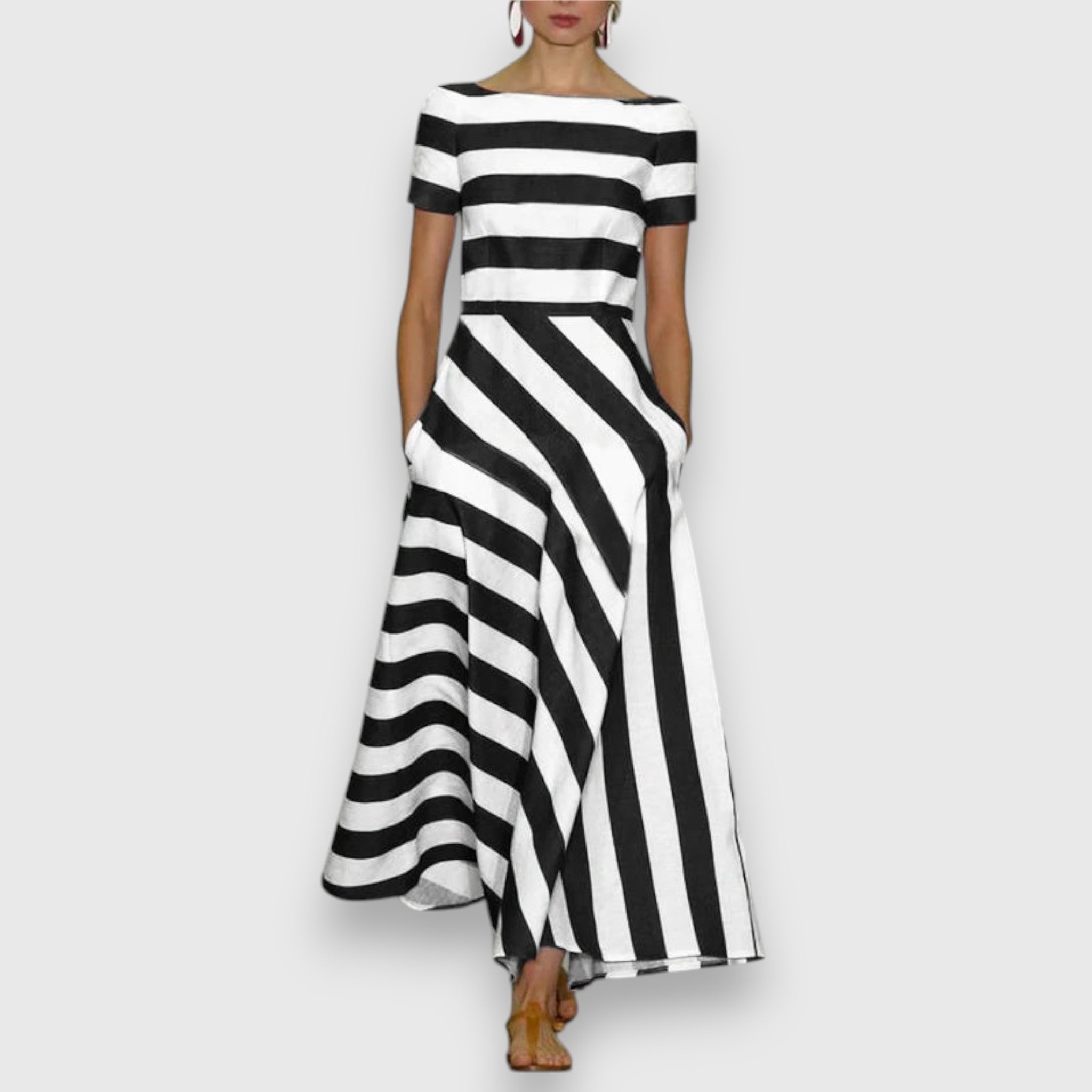 Striped Bateau Neck Short Sleeve Pocket A Line Maxi Dress