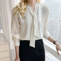 Sheer Plunging Neckline Bow Relaxed Full Sleeve Ivory Top