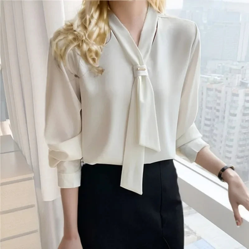 Sheer Plunging Neckline Bow Relaxed Full Sleeve Ivory Top