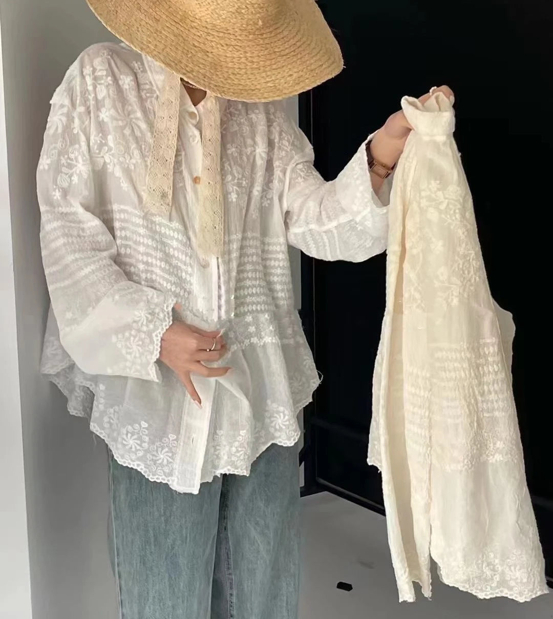 White Cotton Embroidered Lace Extended Sleeve Bohemian Seaside Blouse