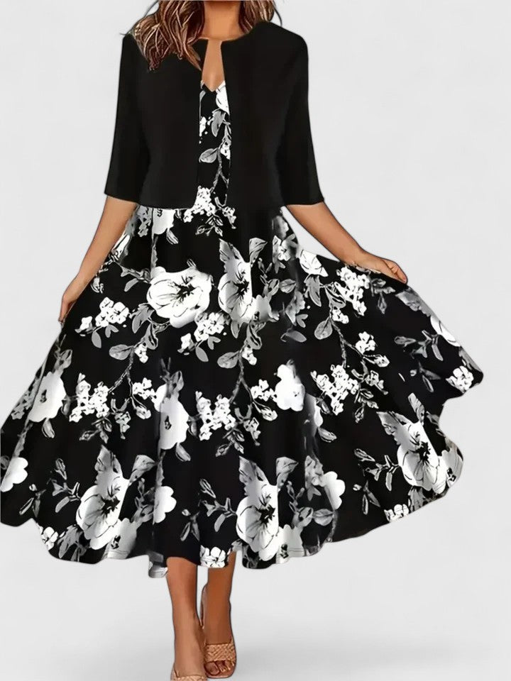 Floral Print Colorblock Notch Neck A Line Midi Dress