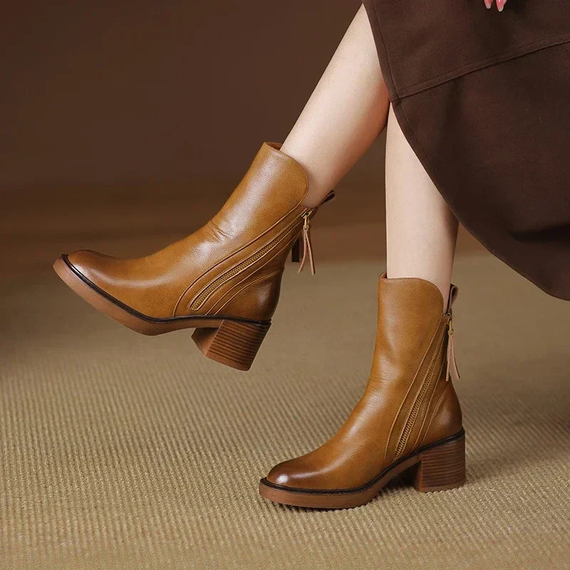Leather Side Zip Block Heel Ankle Boot
