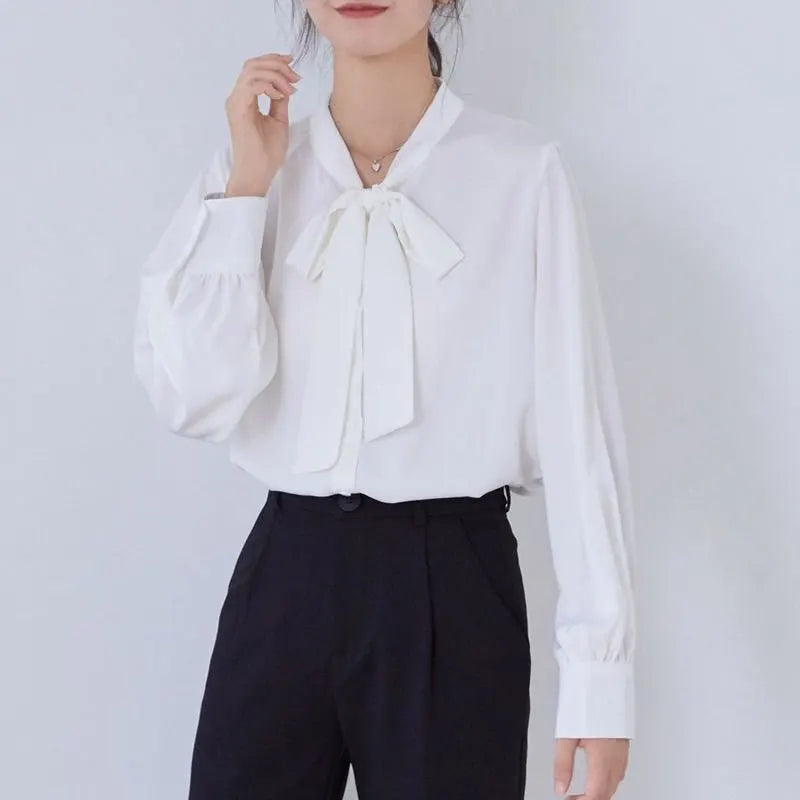Satin Champagne Ribbon Long Sleeve Professional Woman Blouse