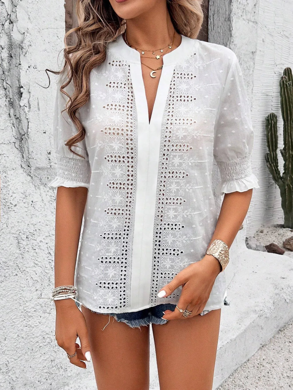 White Floral Embroidery Hollow Out Cotton Boho Blouse

Modified Title: Ivory Blossom Stitching Cutout Cotton Bohemian Top