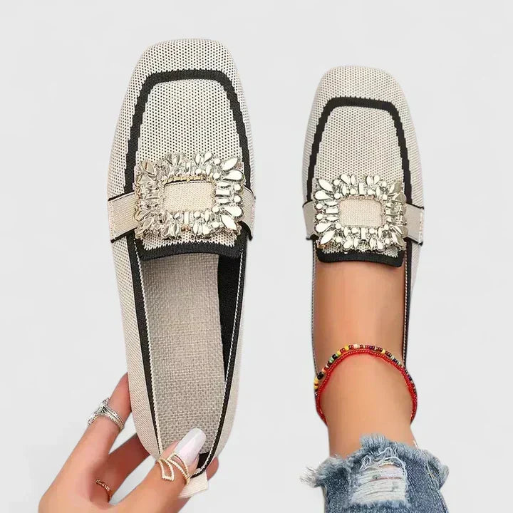Jewel Buckle Contrast Trim Knit Square Toe Loafer