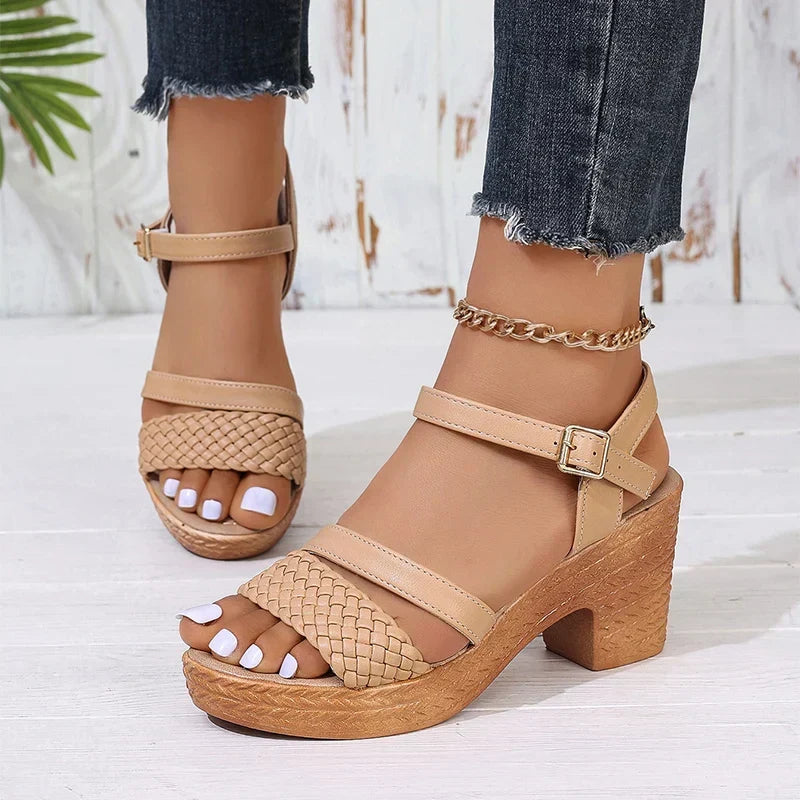 Woven Toe Strap Ankle Buckle Platform Block Heel Sandal