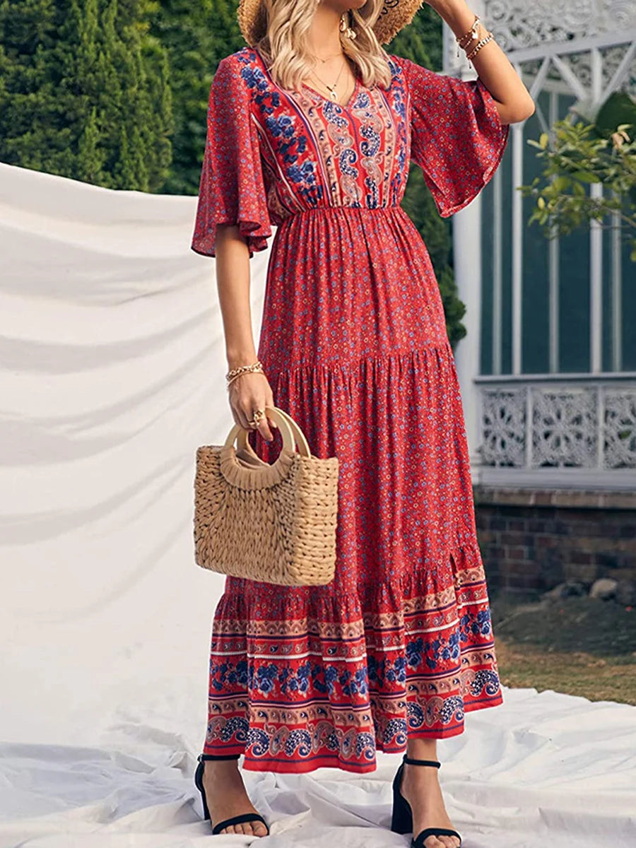 Vintage Flower Pattern V-neck Bohemian Sun Dress – view 3