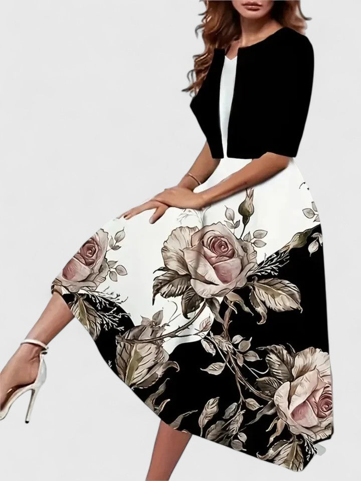 Floral Print Colorblock Notch Neck A Line Midi Dress