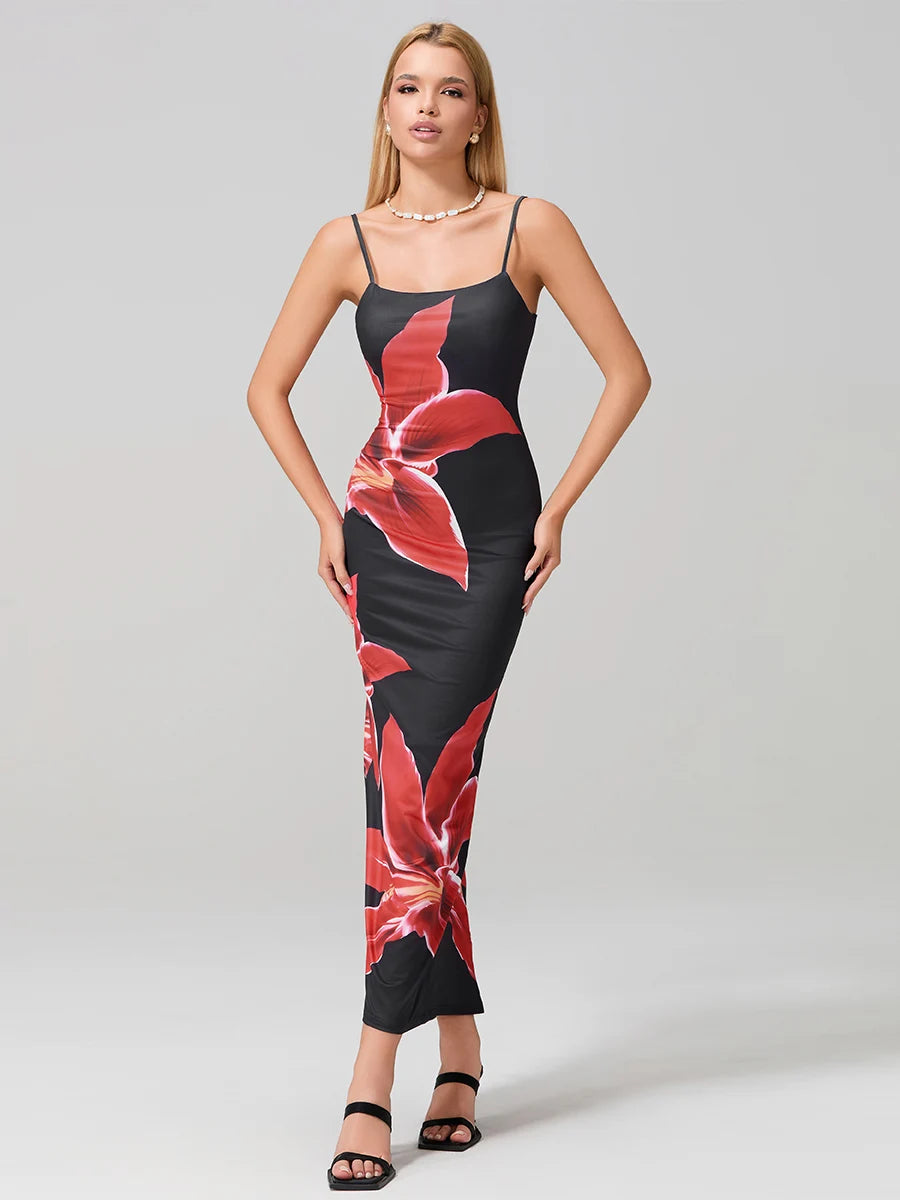 Seductive Spaghetti Straps Bodycon O-neck Wrap Cami Floral Dress