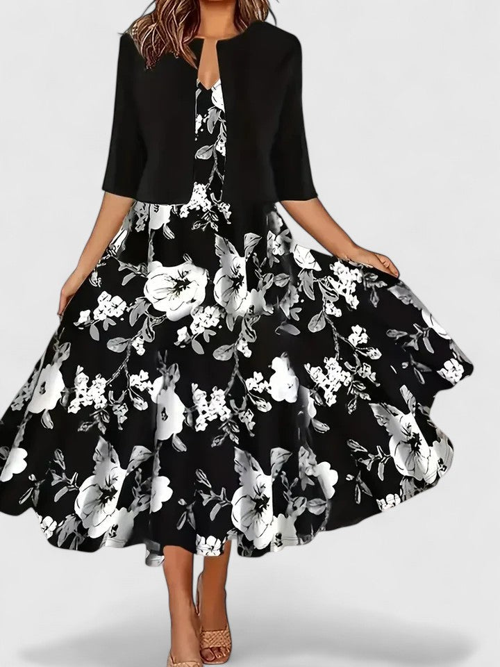 Floral Print Colorblock Notch Neck A Line Midi Dress