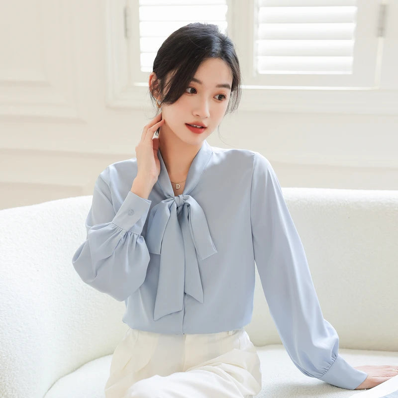 Satin Champagne Ribbon Long Sleeve Professional Woman Blouse