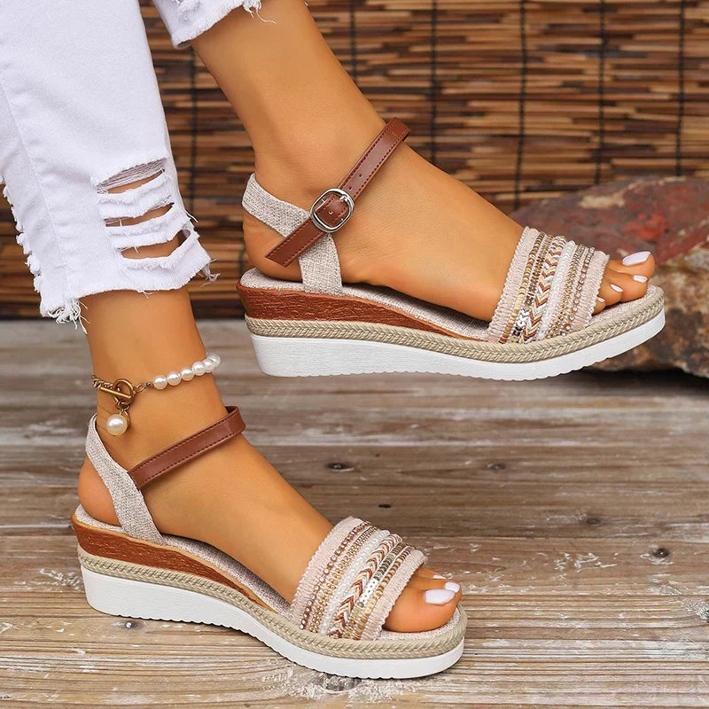 Boho Embroidered Trim Ankle Buckle Espadrille Wedge Sandal