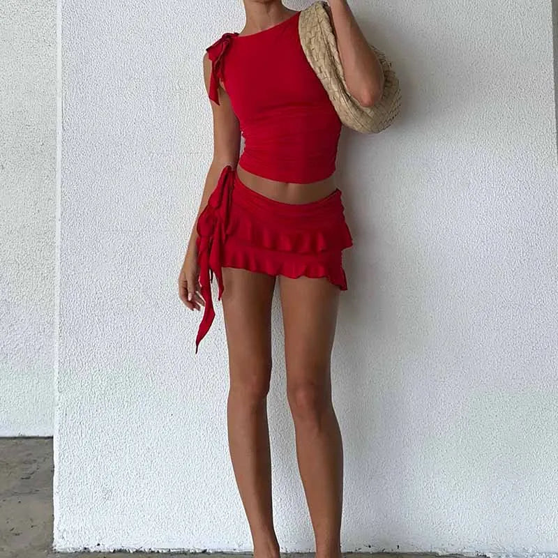 Retro Frilled Edge Tie Up Crop Top + Gathered Tiered Frills Mini Skirt Coquette 2 Piece Set Women Club Party Streetwear Outfits – view 4