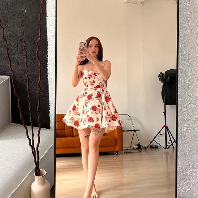 Mesh Skirt Flower Pattern A-line Flower Dress