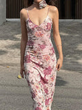 Vintage Flower Pattern Camisole Open-Back Wrap Flower Dress