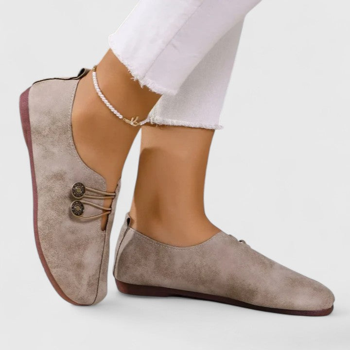 Bronze Button Lace Up Suede Round Toe Casual Flat