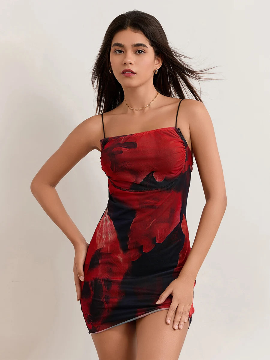 Spicy Flower Pattern Sheath Open-Back Spaghetti Mini Nightclub Flower Dress