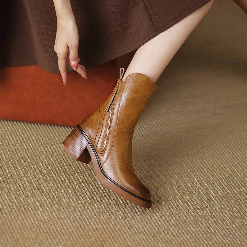 Leather Side Zip Block Heel Ankle Boot
