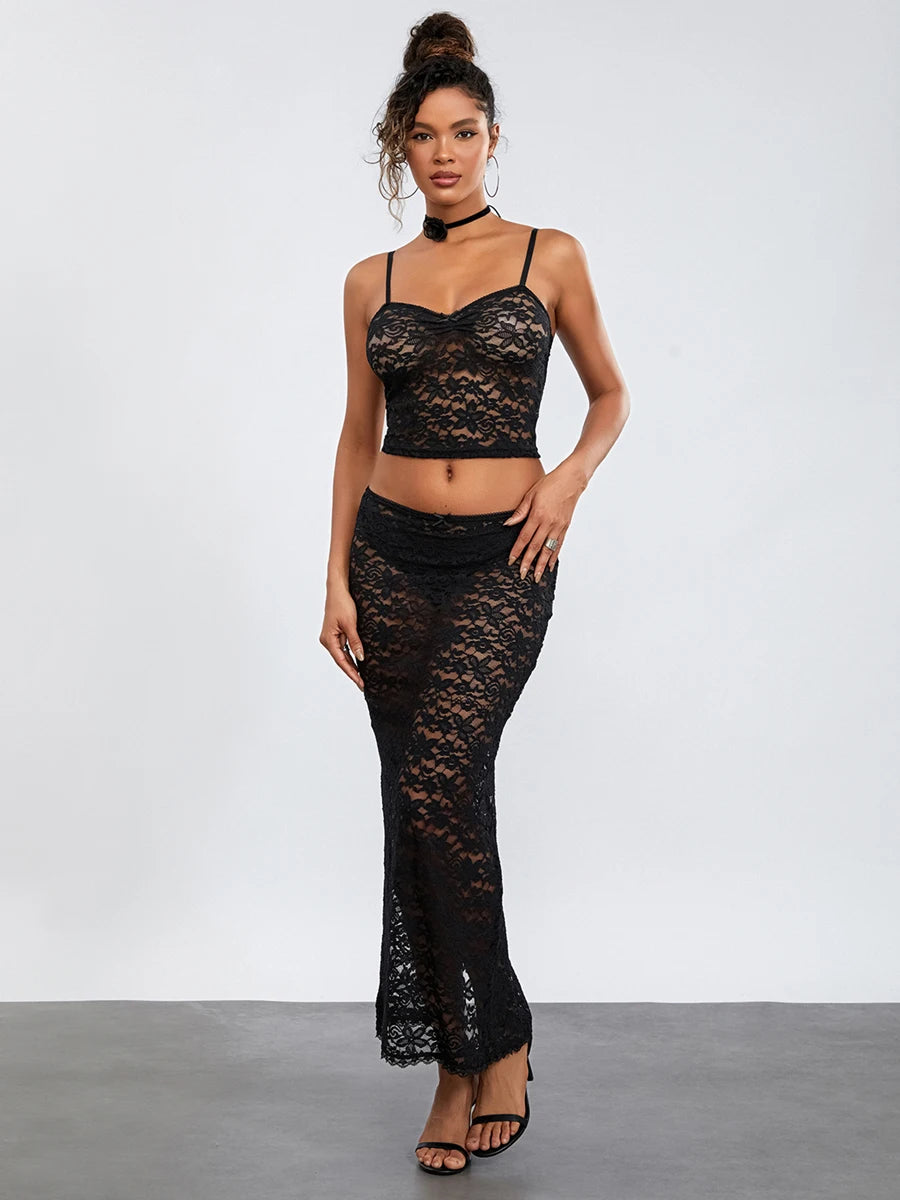 Transparent Ebony Lace Crochet Camisole Crop Top Lengthy Floral Skirt